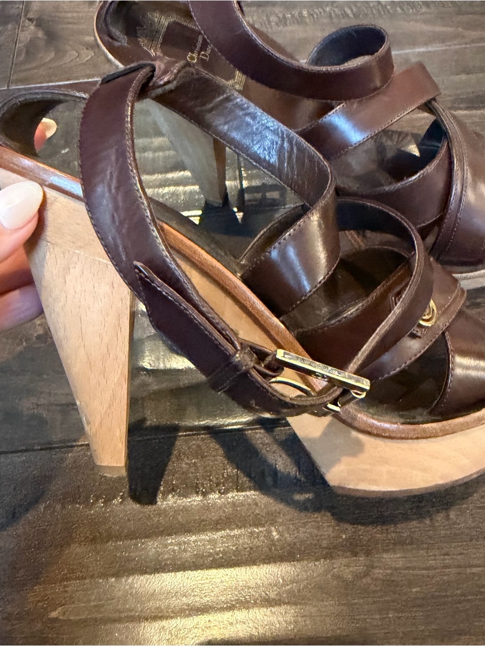 Dior Brown Leather Strappy High Heel Sandals with Wood Platform